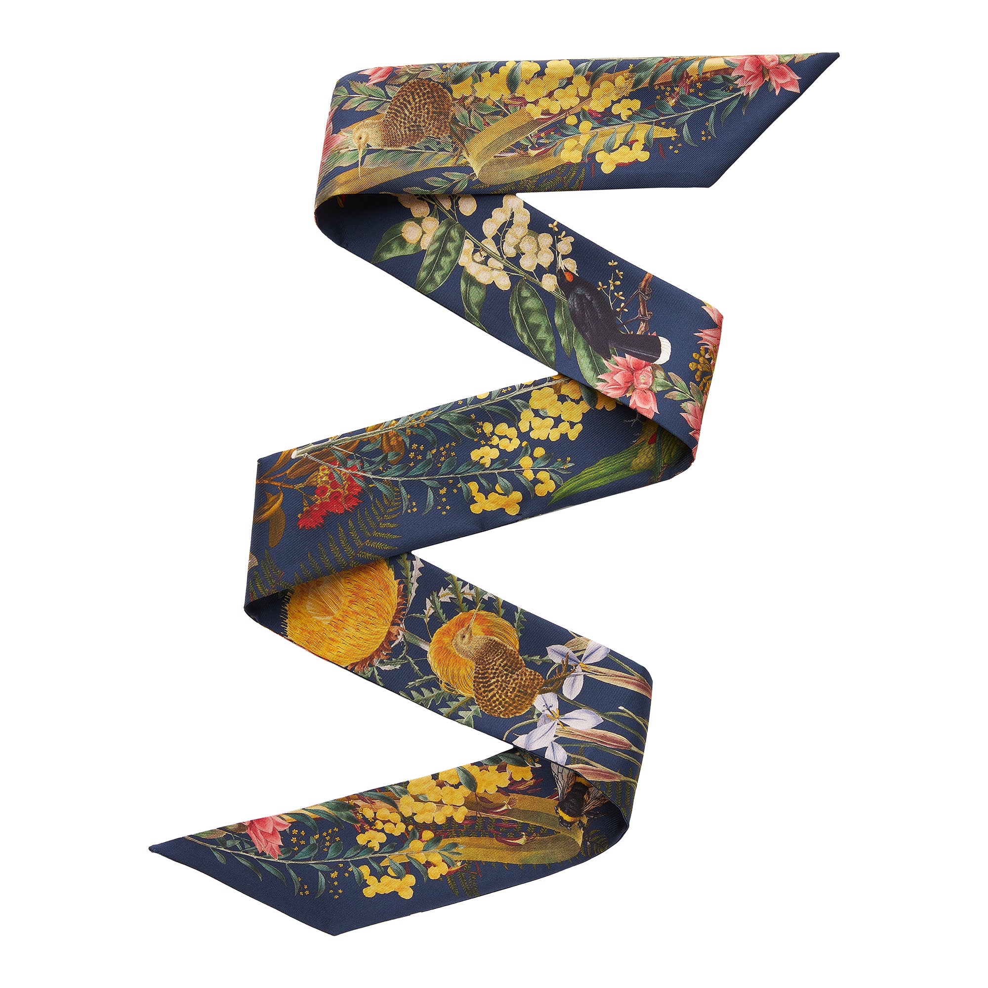 Floral and nature-themed silk twill ribbon strip on a white background