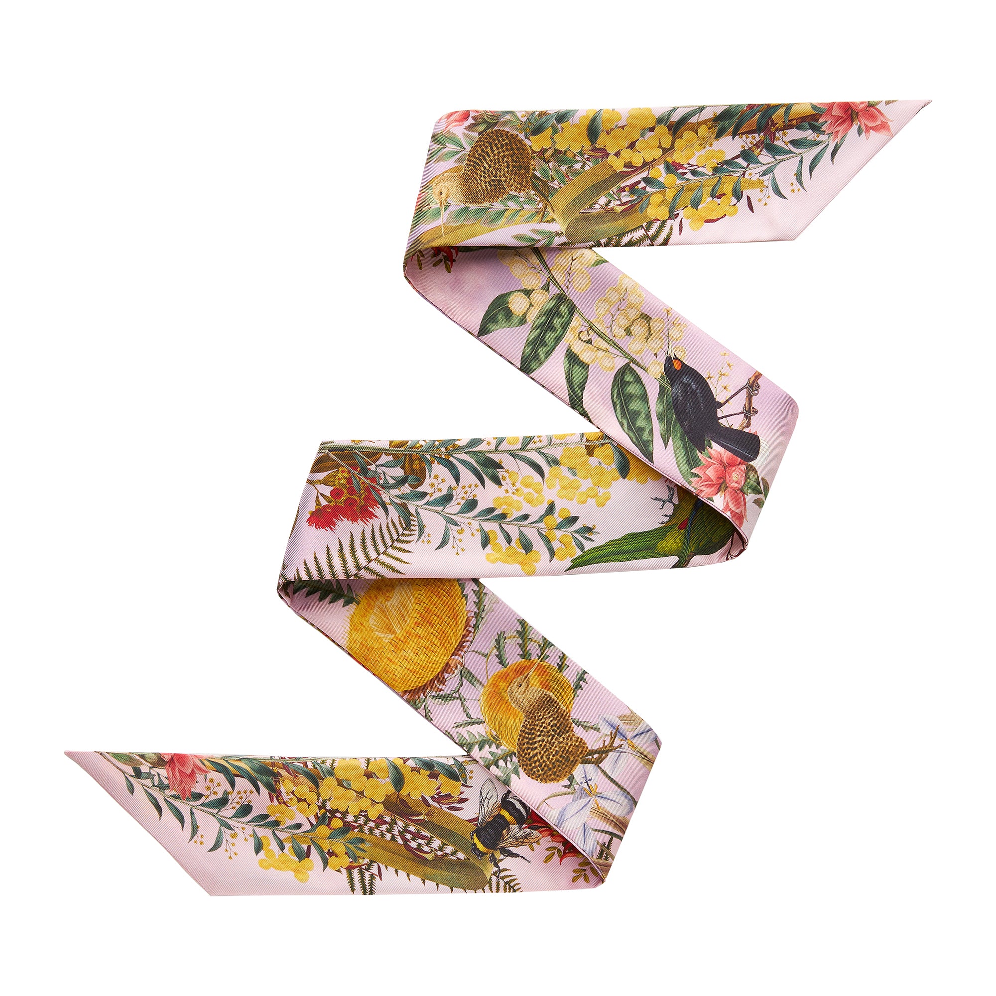 Floral and bird patterned silk ribbon strip on a white background
