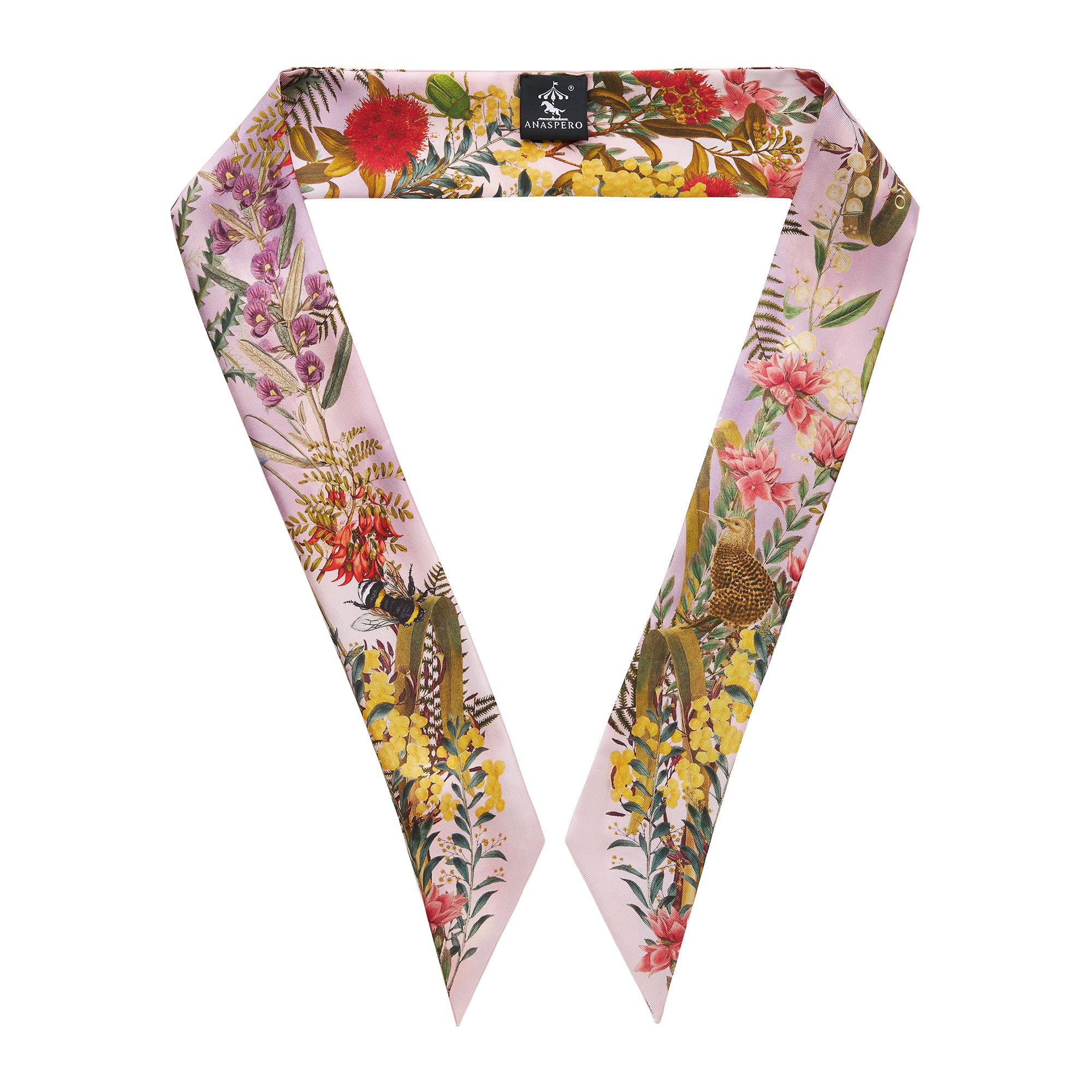 Floral and bird patterned silk twilly with a visible ANASPERO brand label on a white background