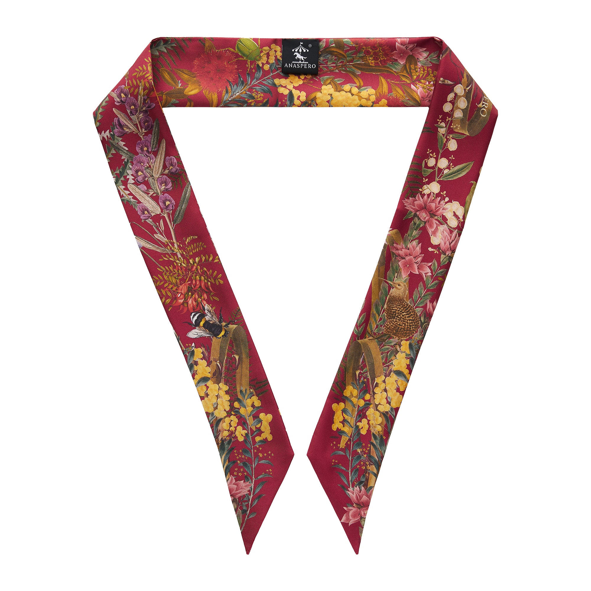 Floral and nature-themed scarf with a ANASPERO brand label on a white background
