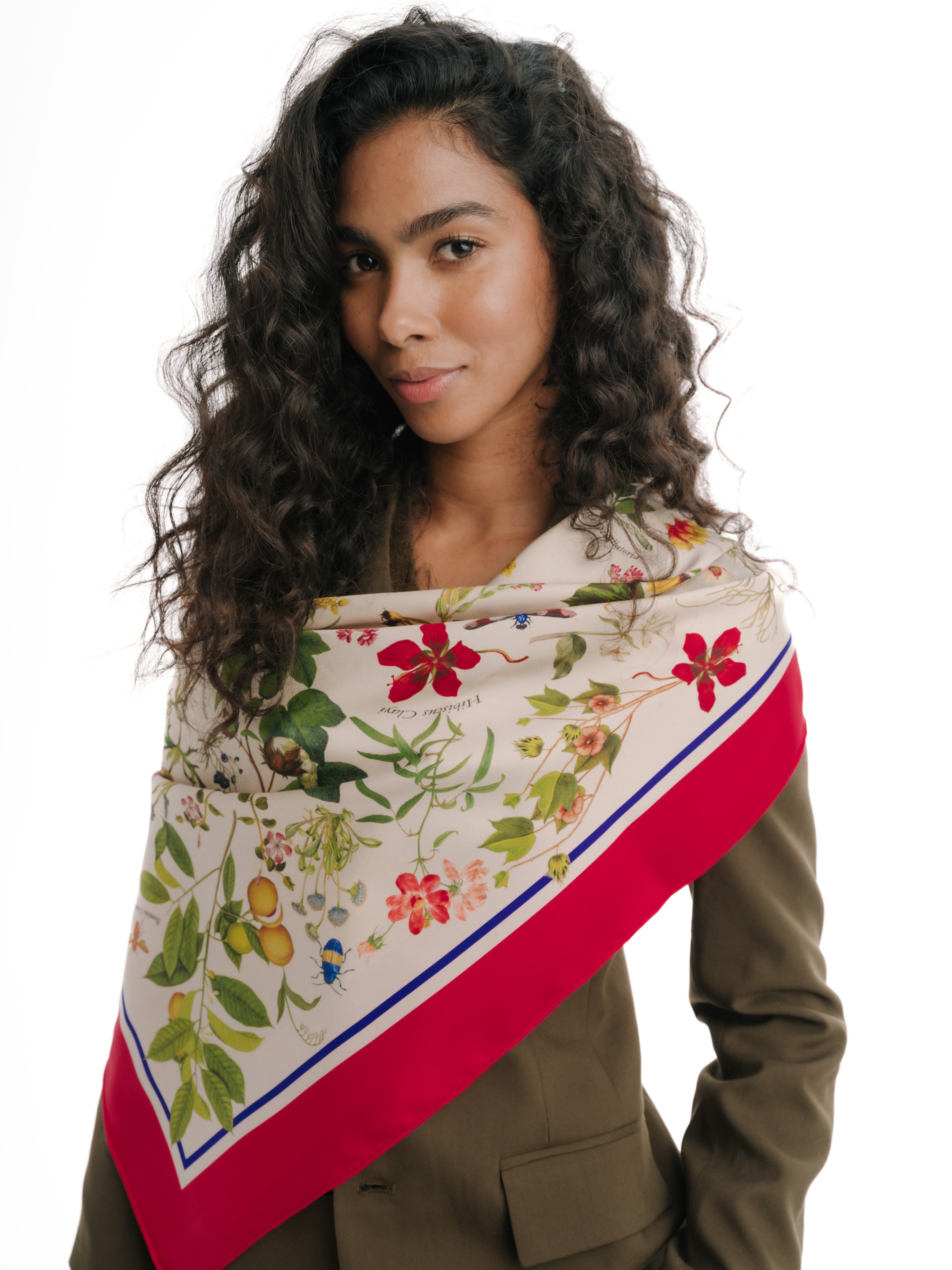 businesswomen-brunette-wearing-silk-scarf-with-botanic-floral-design