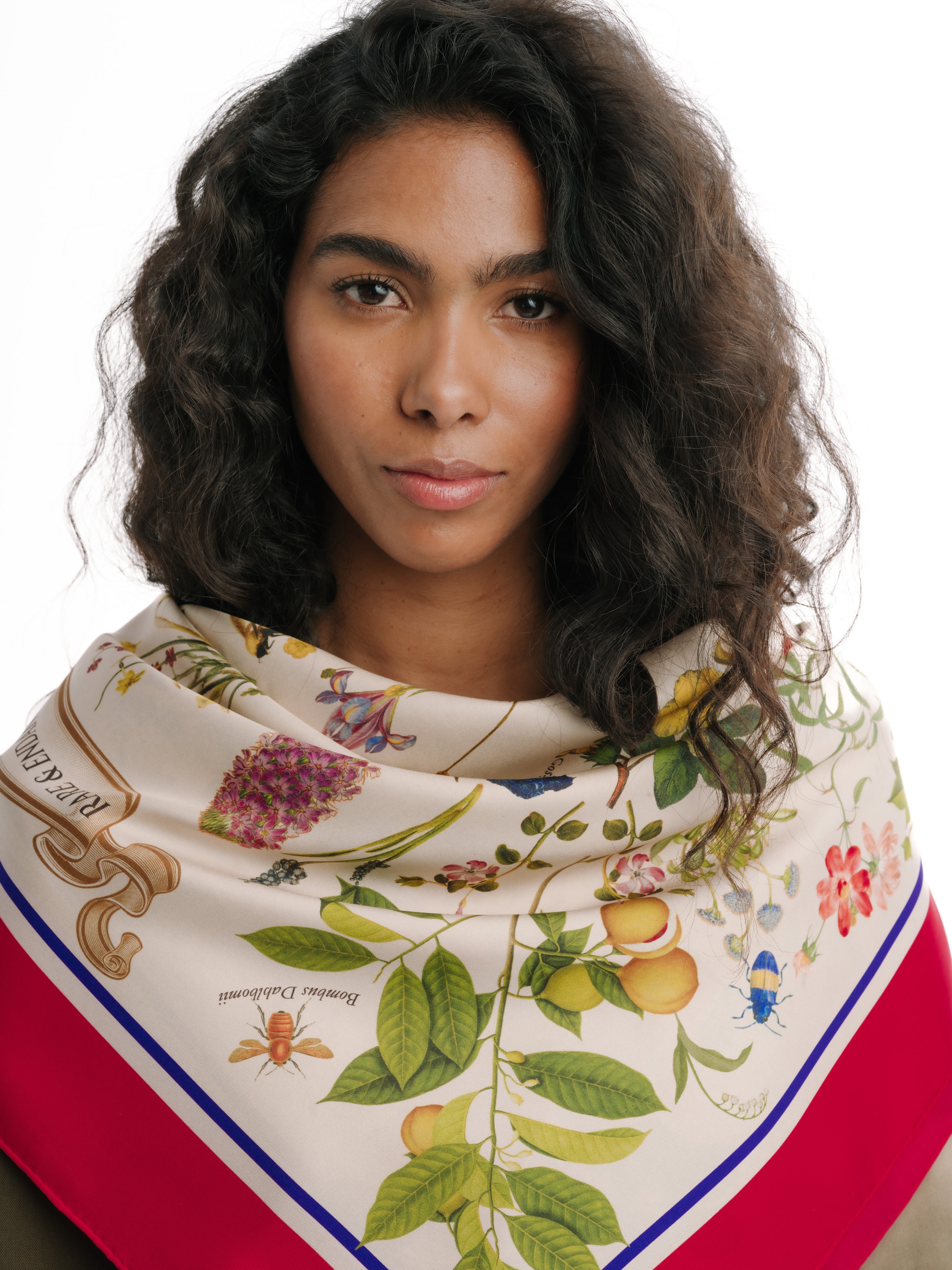 women-brunette-wearing-silk-scarf-with-botanic-floral-design