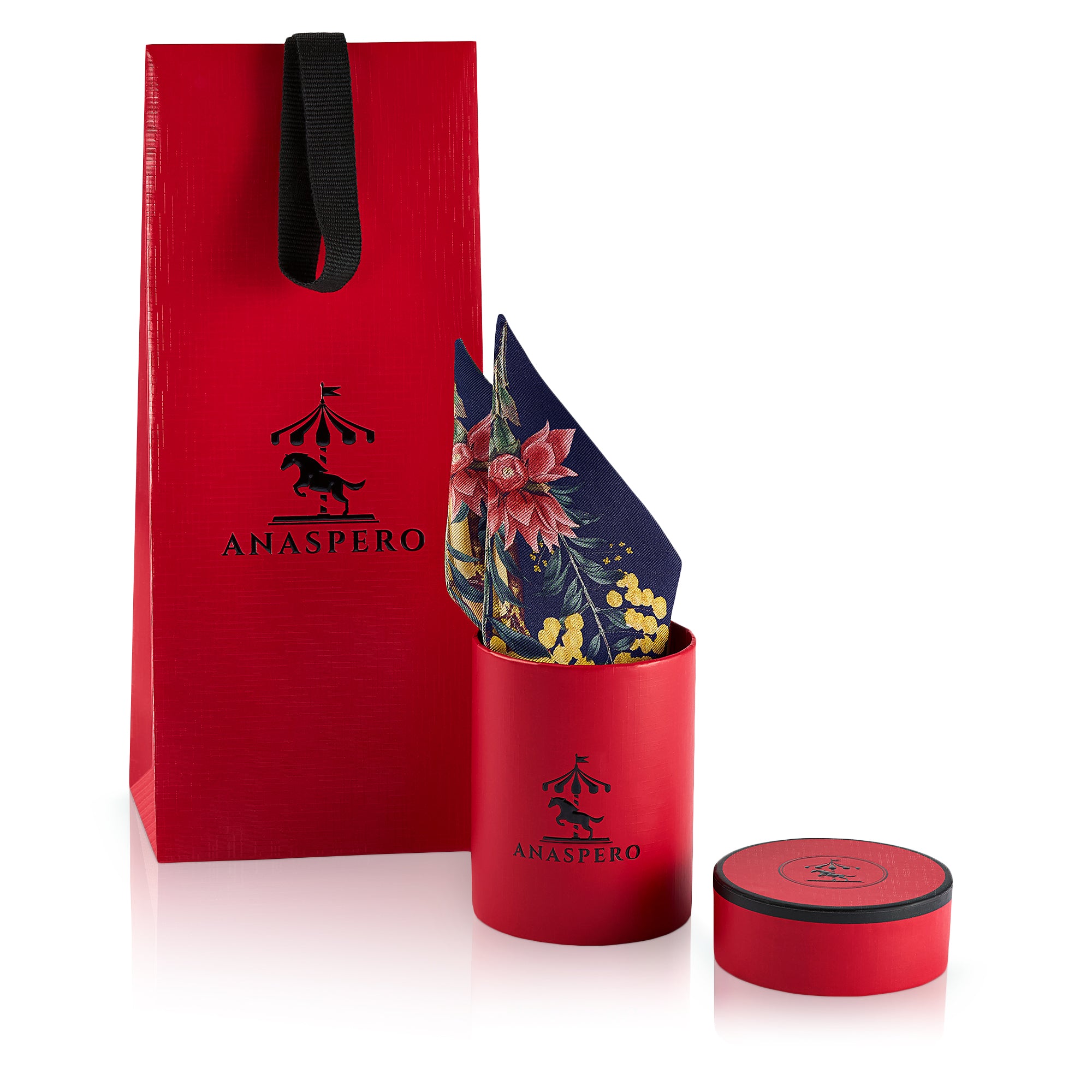 Red Anaspero packaging with a floral silk ribbon in a small red box on a white background