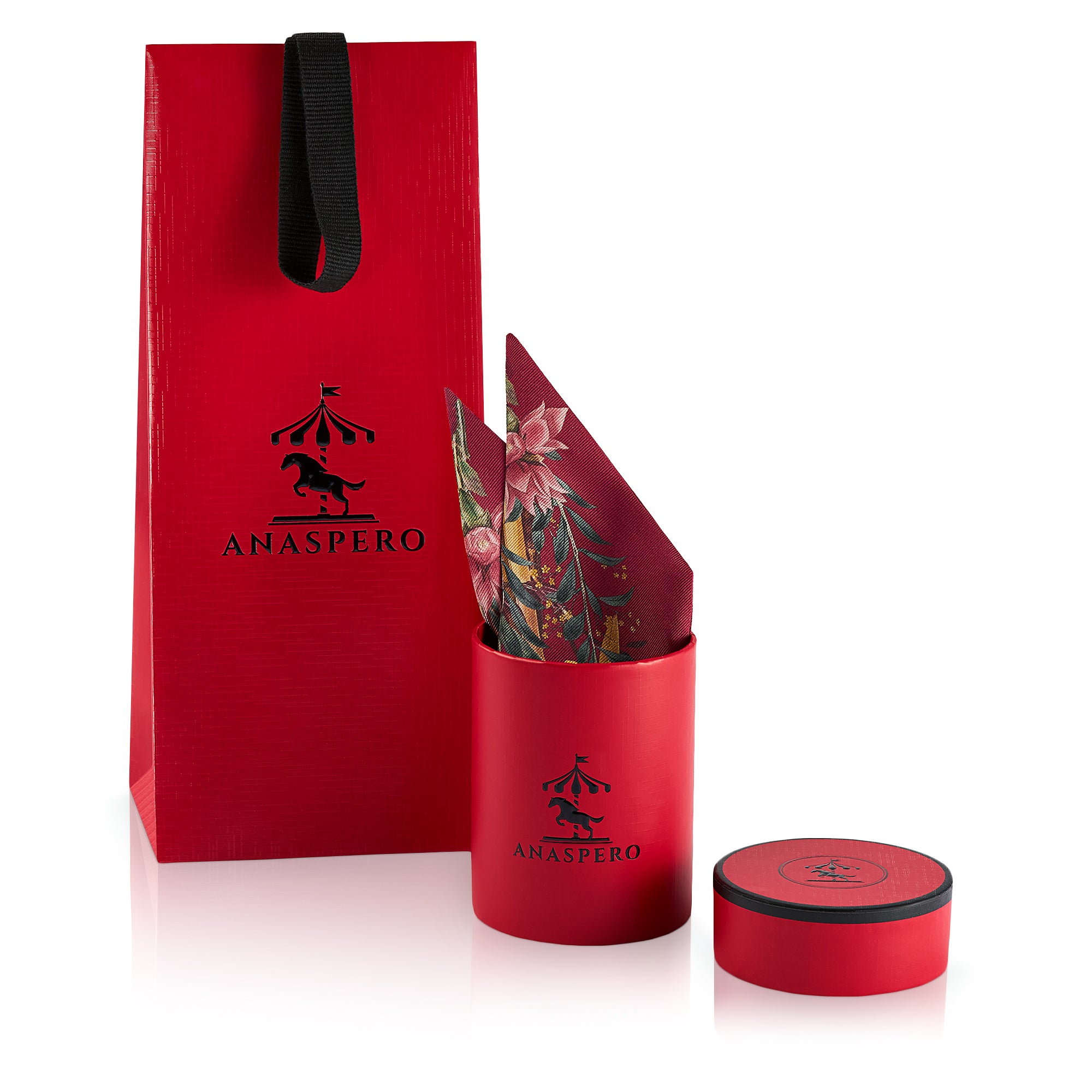 Red Anaspero packaging with a cylindrical box and floral design silk ribbon on a white background