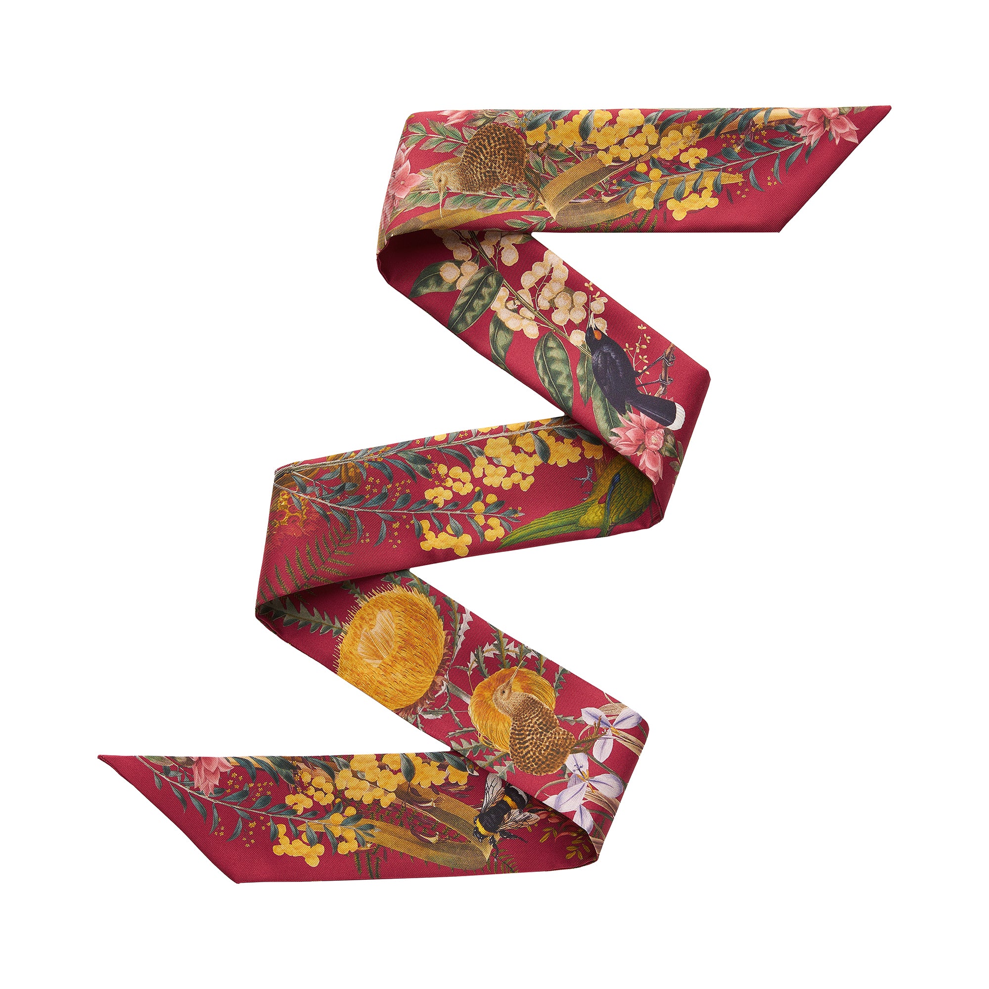 Floral and bird patterned  silk ribbon on a white background