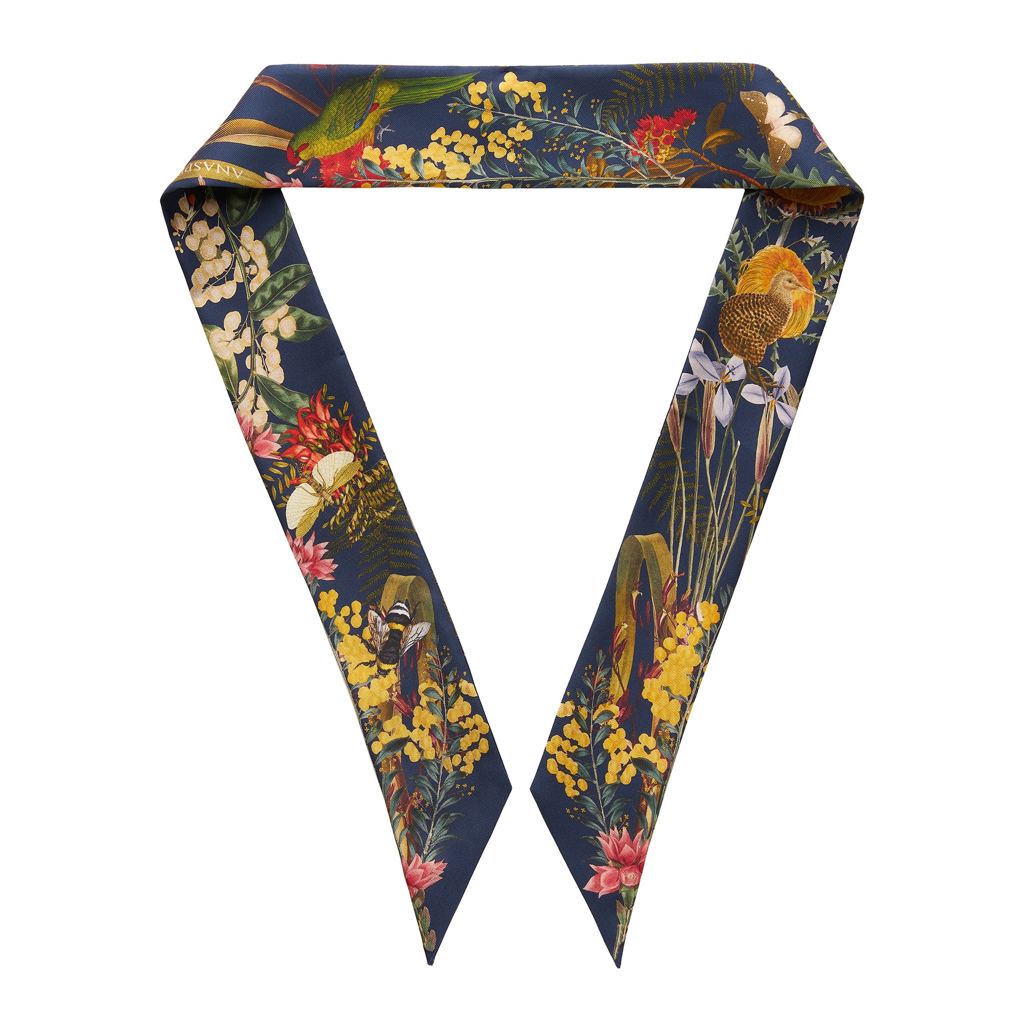 Decorative silk twill ribbon with floral and bird pattern on a white background