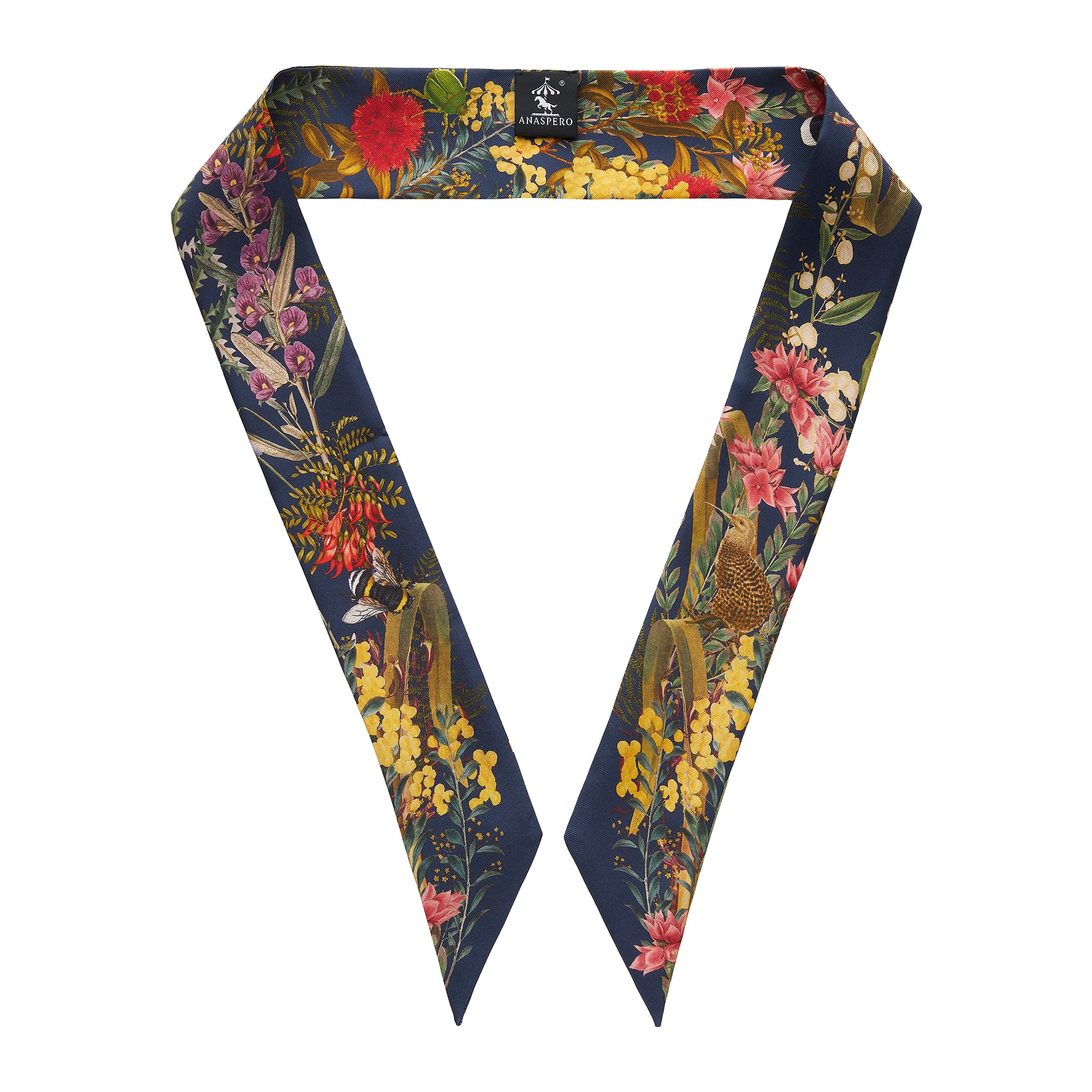 Floral patterned navy blue silk twill ribbon on a white background