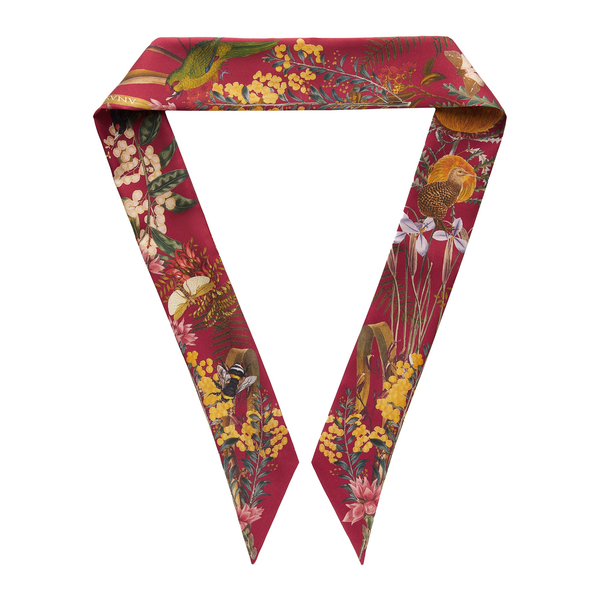 Decorative silk twilly with floral and bird pattern on a white background