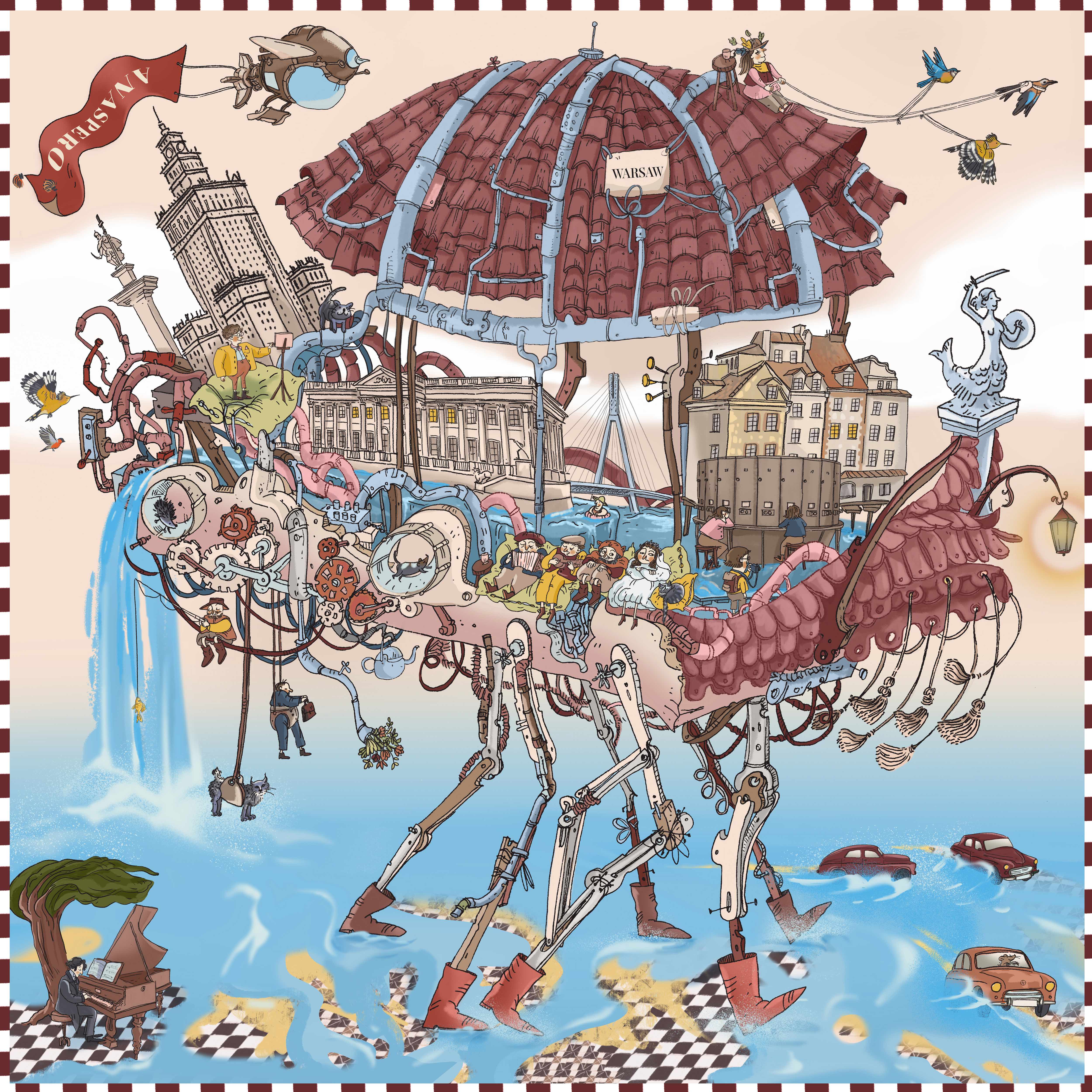 Colorful illustration of a mechanical horse-drawn carriage with various elements and people on a checkered border.