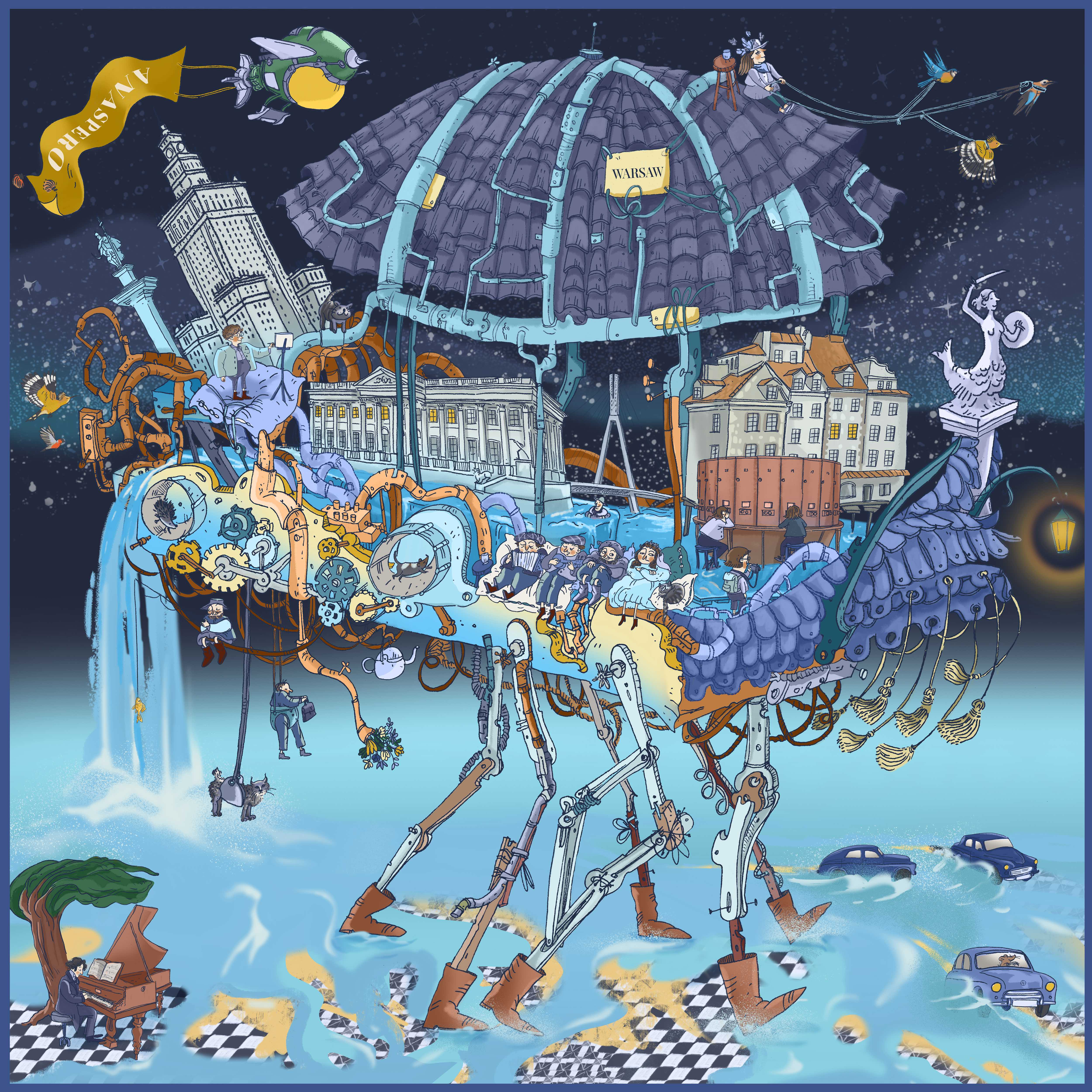 Colorful illustration of a mechanical horse pulling a carriage with people on a city river at night.