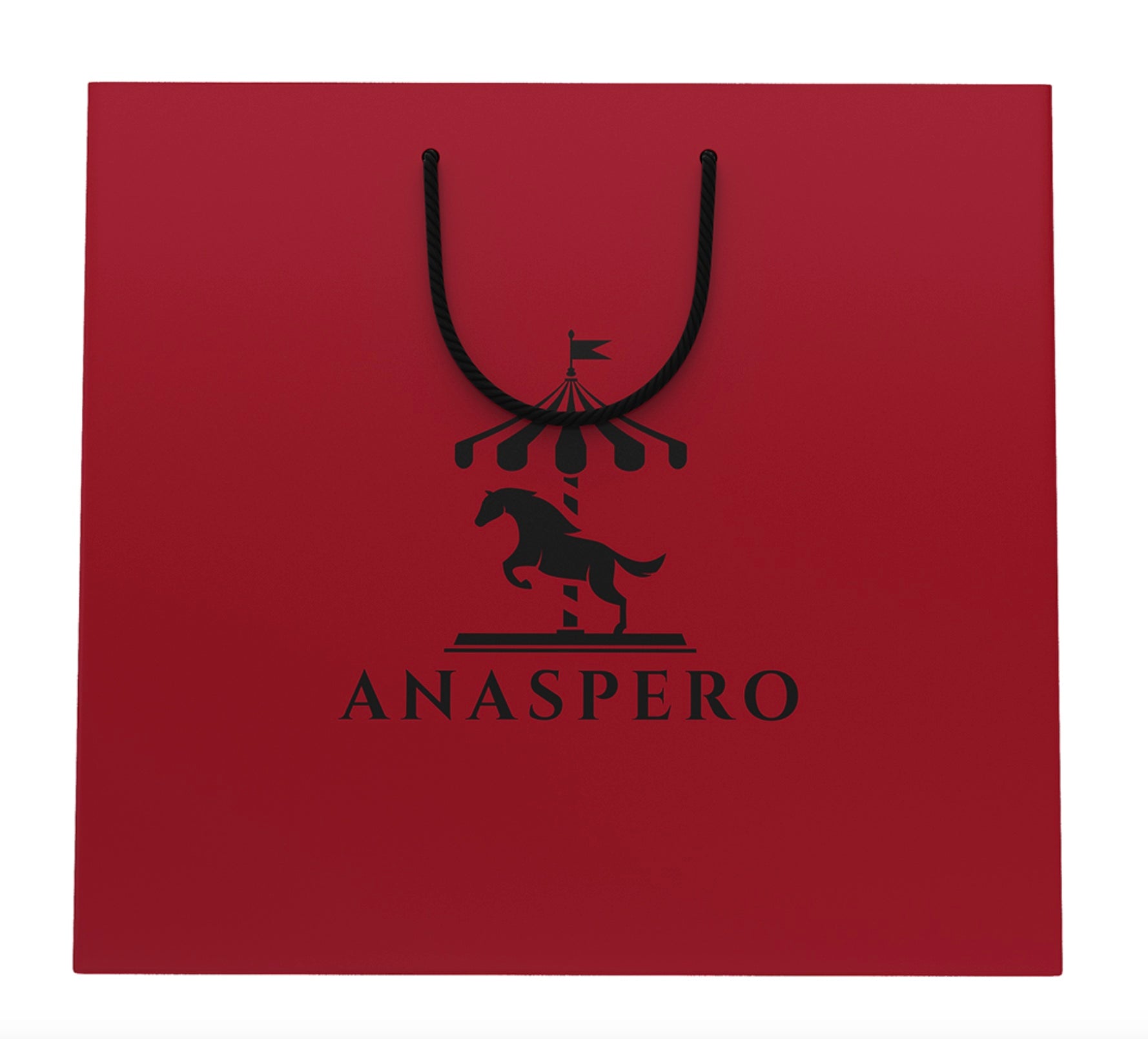 A red gift bag with a black handle and a logo that includes a stylized horse and the word 'ANASPERO'.